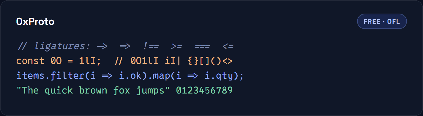 0xProto shown in a code sample with ligatures, ambiguous glyphs and a comment