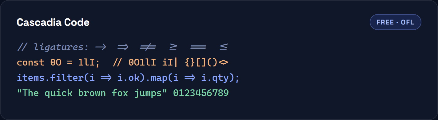 Cascadia Code shown in a code sample with ligatures, ambiguous glyphs and a comment