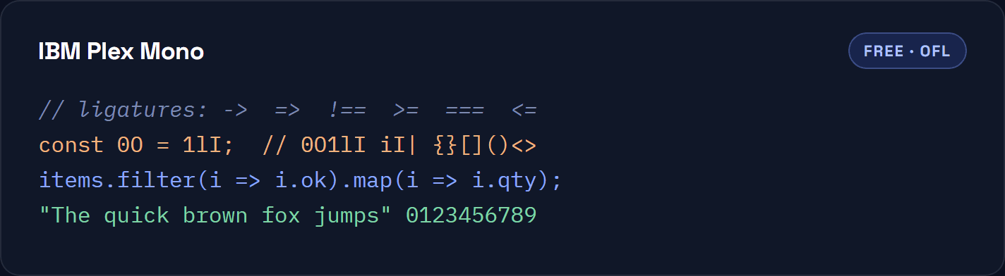 IBM Plex Mono shown in a code sample with ligatures, ambiguous glyphs and a comment