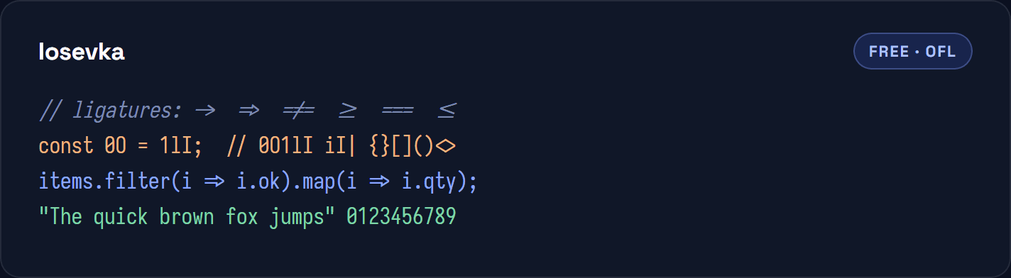 Iosevka shown in a code sample with ligatures, ambiguous glyphs and a comment