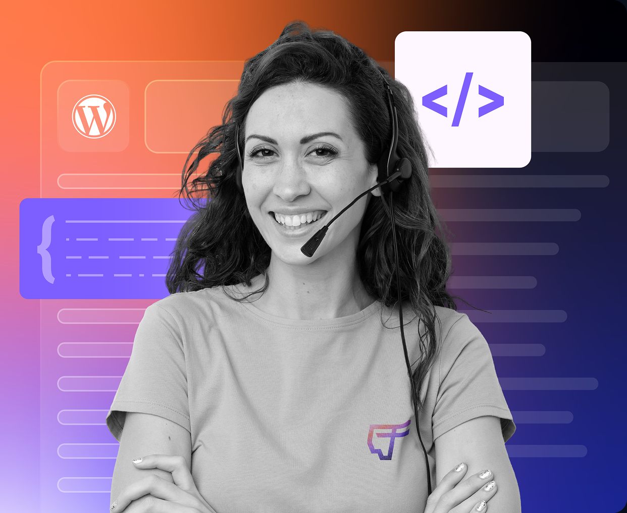 A FastCow support engineer wearing a headset, in front of WordPress and code interface panels