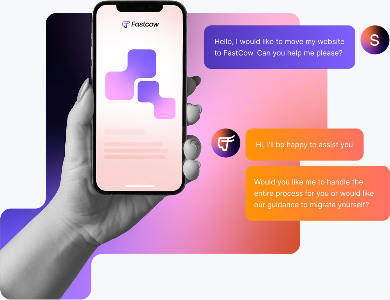 A FastCow support chat on a phone: a customer asking to move their website, and the team offering to handle the migration