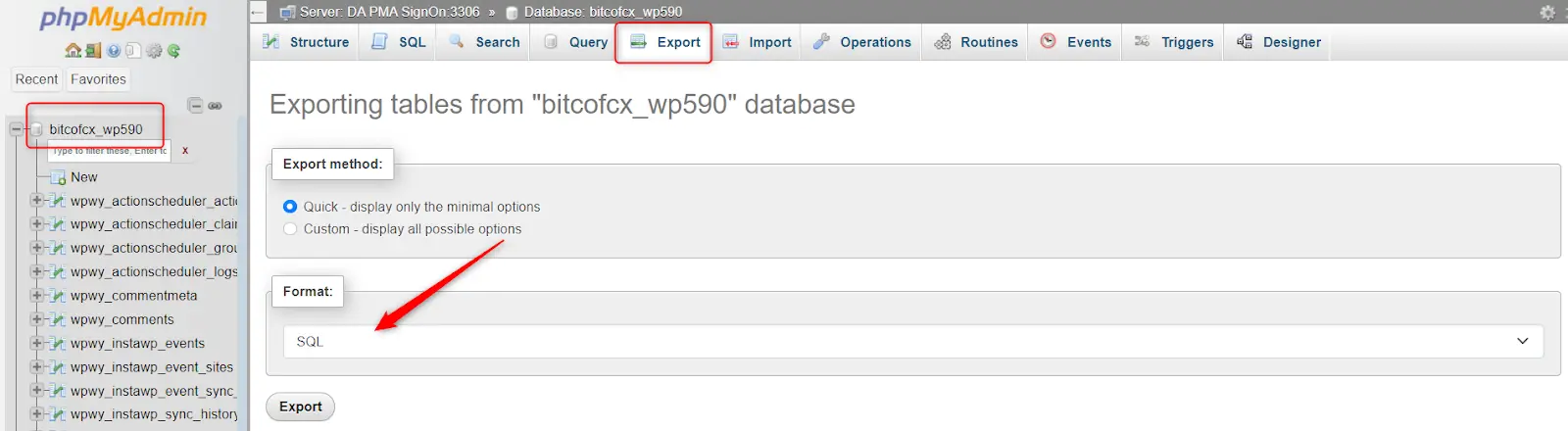 Export WP database phymyadmin