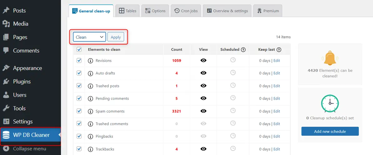 WP Database cleanup tool