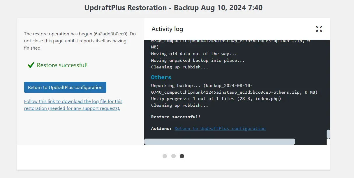 updraftplus site migration success