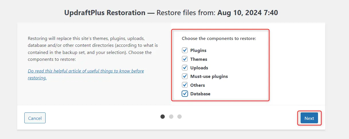 updraftplus site restoration components